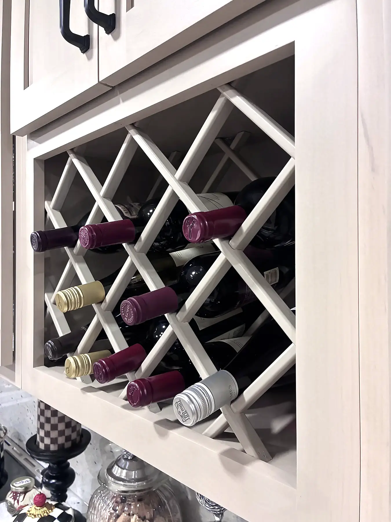 Built-in diamond wine rack integrated with the kitchen cabinetry