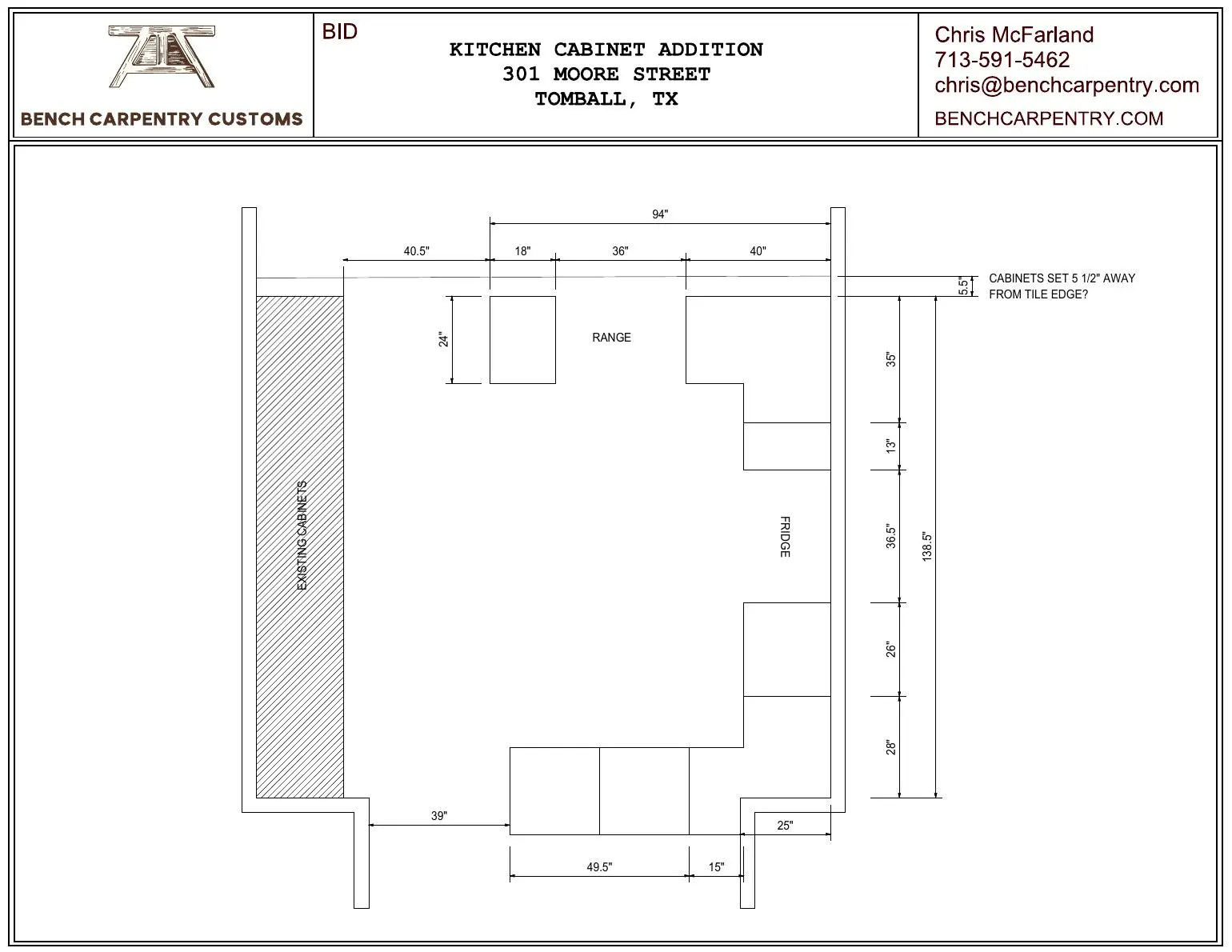 Tomball kitchen floor plan showing the cabinet layout and room dimensions