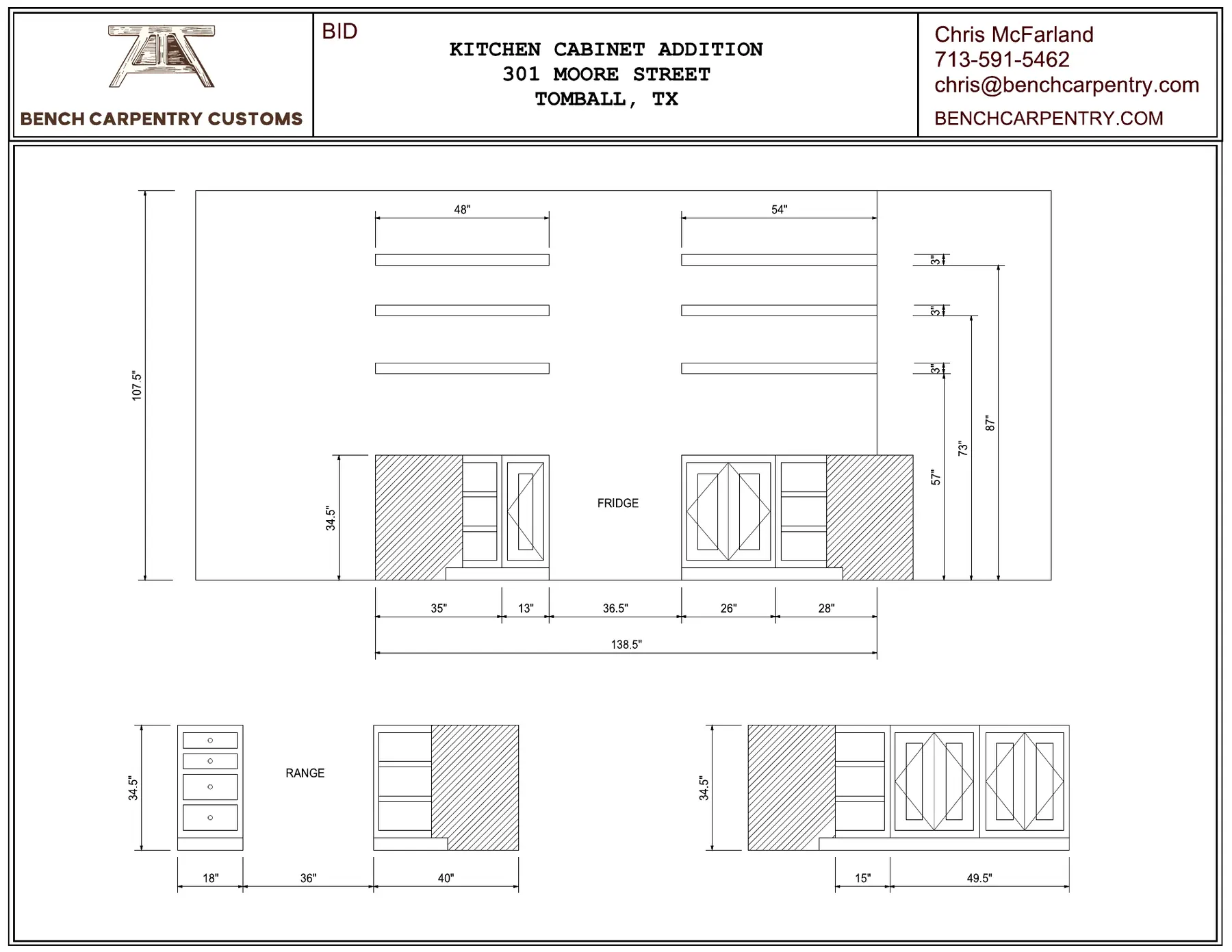 Tomball kitchen cabinet elevation showing the refrigerator and range-wall cabinetry